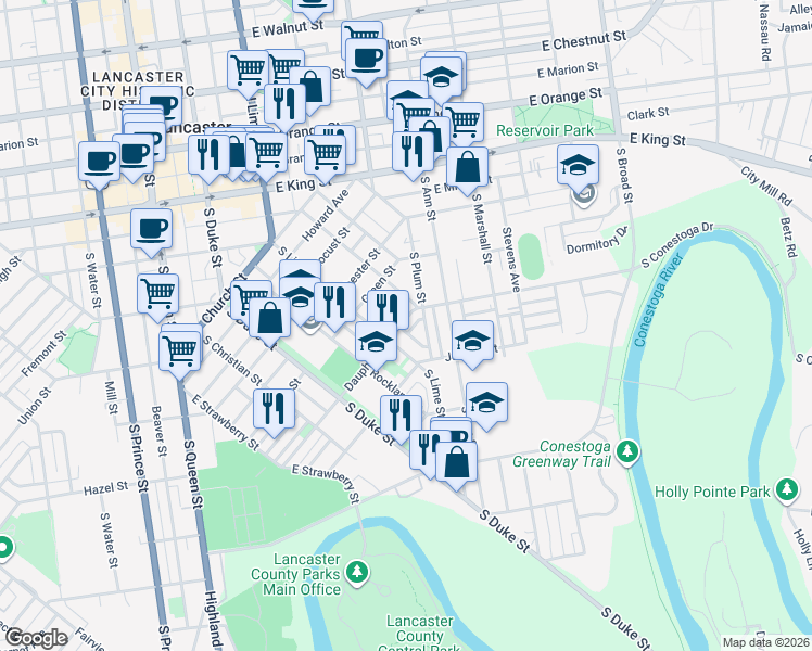 map of restaurants, bars, coffee shops, grocery stores, and more near 558 Pershing Avenue in Lancaster