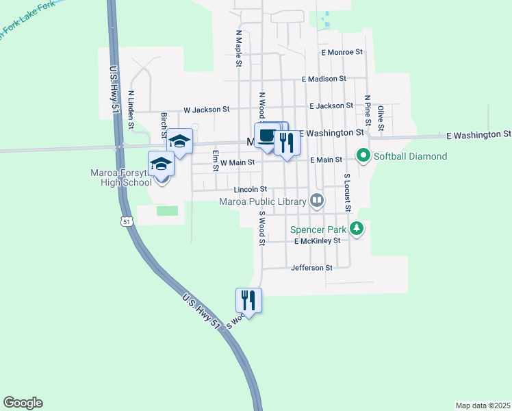map of restaurants, bars, coffee shops, grocery stores, and more near 202 South Maple Street in Maroa