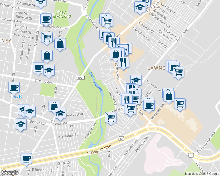 map of restaurants, bars, coffee shops, grocery stores, and more near 611 Garland Street in Philadelphia