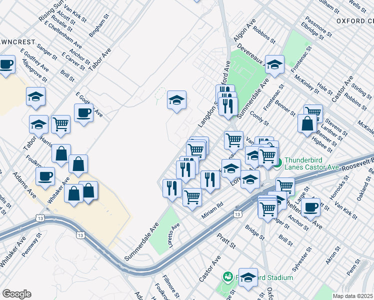 map of restaurants, bars, coffee shops, grocery stores, and more near 843 Sanger Street in Philadelphia