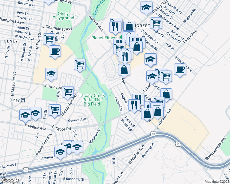 map of restaurants, bars, coffee shops, grocery stores, and more near 611 Garland Street in Philadelphia