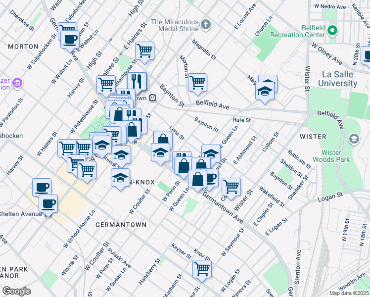 map of restaurants, bars, coffee shops, grocery stores, and more near 66 East Coulter Street in Philadelphia