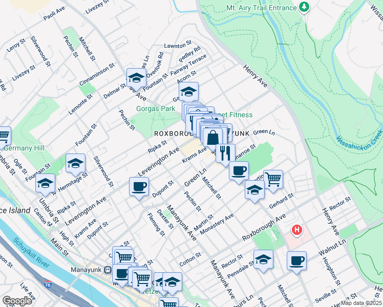 map of restaurants, bars, coffee shops, grocery stores, and more near 452 Krams Avenue in Philadelphia