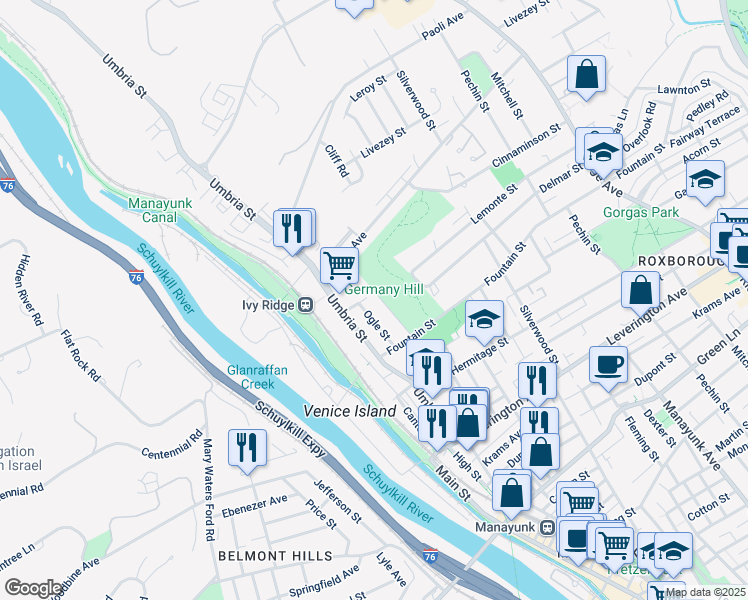 map of restaurants, bars, coffee shops, grocery stores, and more near 4878 Smick Street in Philadelphia