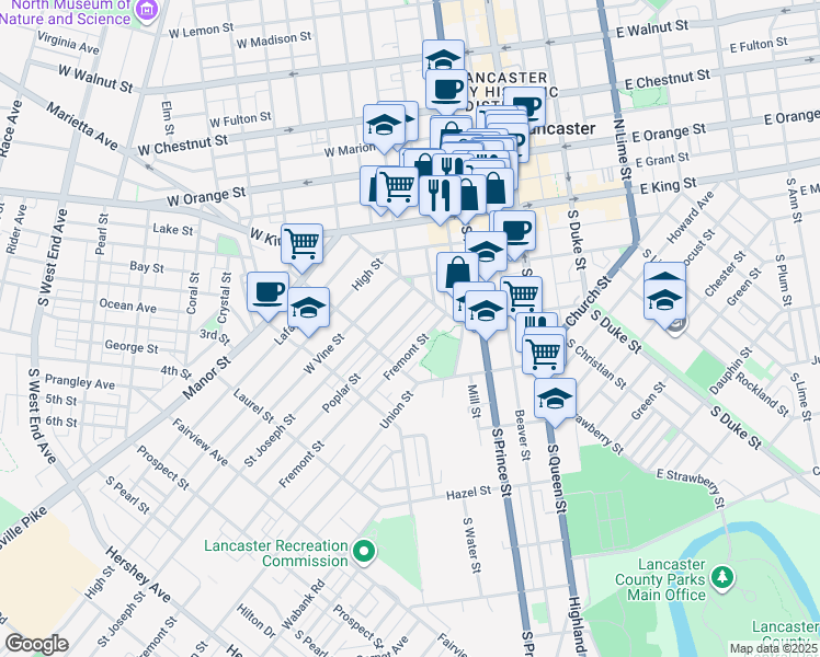 map of restaurants, bars, coffee shops, grocery stores, and more near 407 Poplar Street in Lancaster