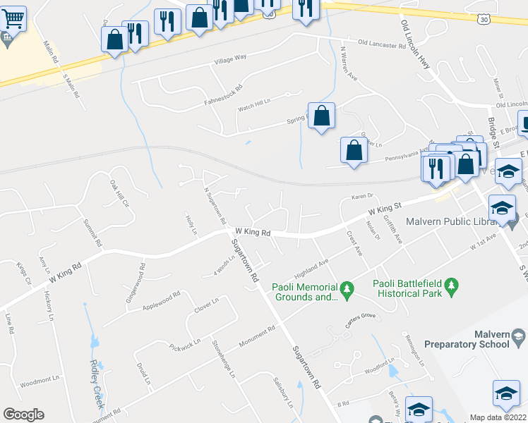 map of restaurants, bars, coffee shops, grocery stores, and more near 211 Charleston Green in Malvern