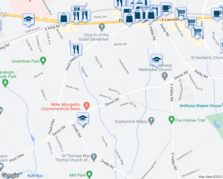 map of restaurants, bars, coffee shops, grocery stores, and more near 125 Pine Tree Road in Paoli