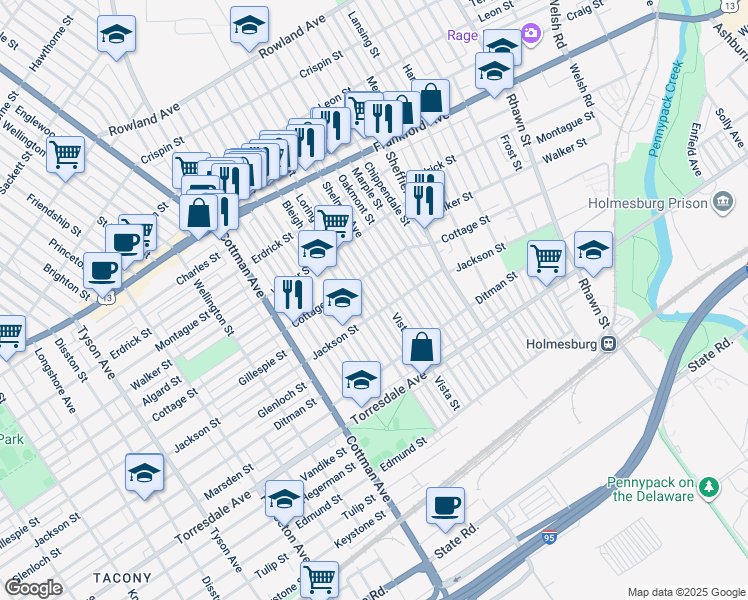 map of restaurants, bars, coffee shops, grocery stores, and more near 4431 Loring Street in Philadelphia