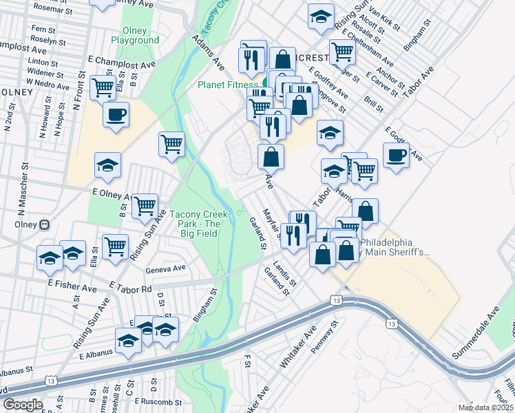 map of restaurants, bars, coffee shops, grocery stores, and more near 5434 Bingham Street in Philadelphia