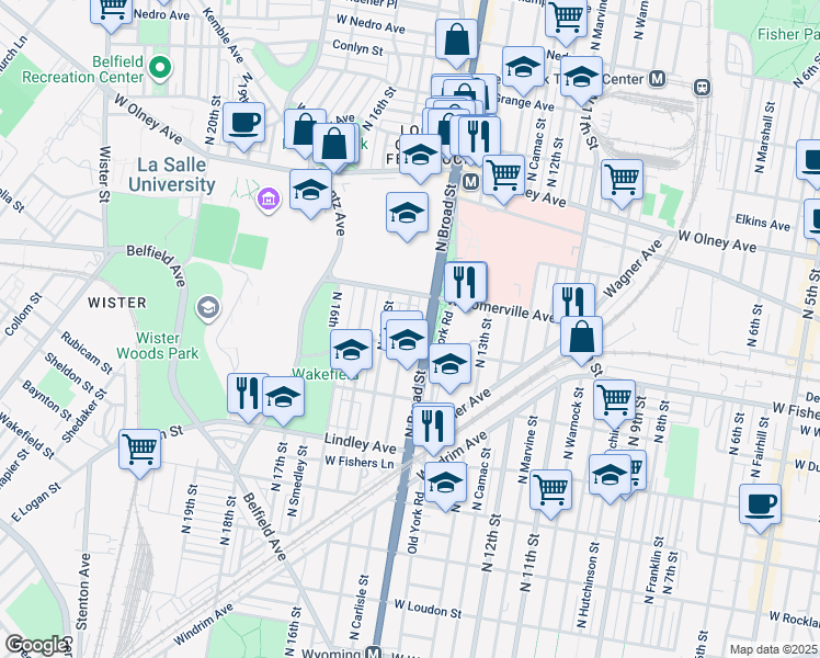 map of restaurants, bars, coffee shops, grocery stores, and more near 5317 North Carlisle Street in Philadelphia