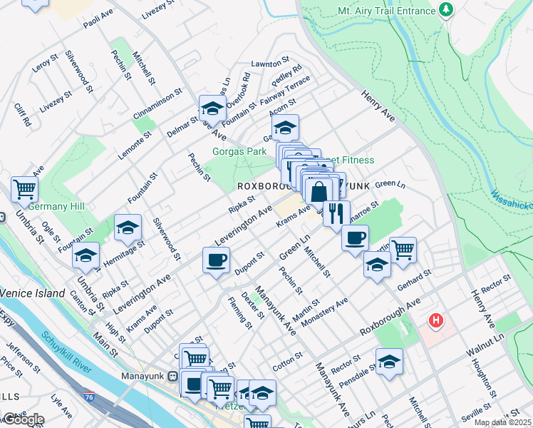 map of restaurants, bars, coffee shops, grocery stores, and more near 431 Leverington Avenue in Philadelphia