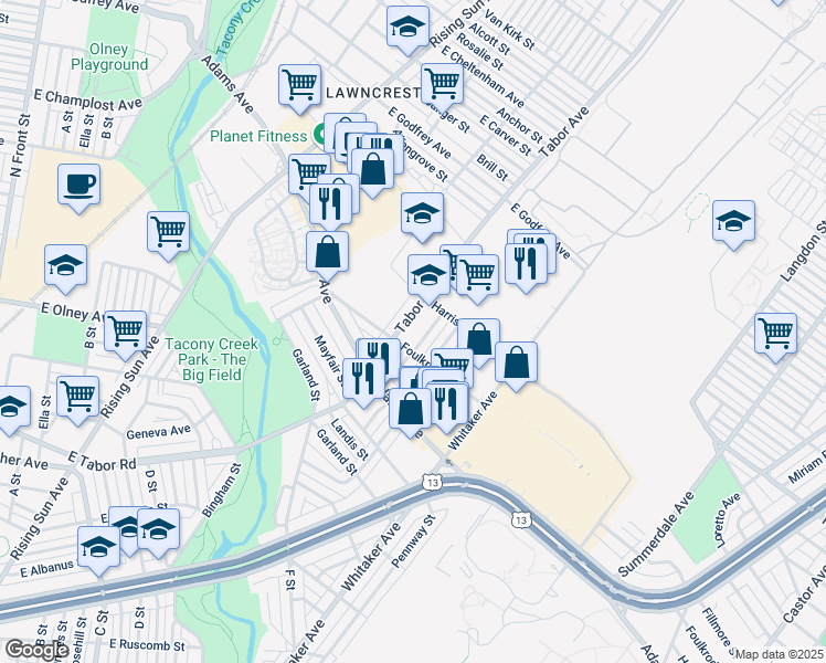 map of restaurants, bars, coffee shops, grocery stores, and more near 5401 Tabor Avenue in Philadelphia