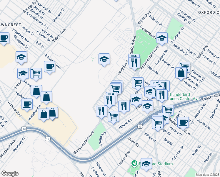 map of restaurants, bars, coffee shops, grocery stores, and more near 843 Sanger Street in Philadelphia