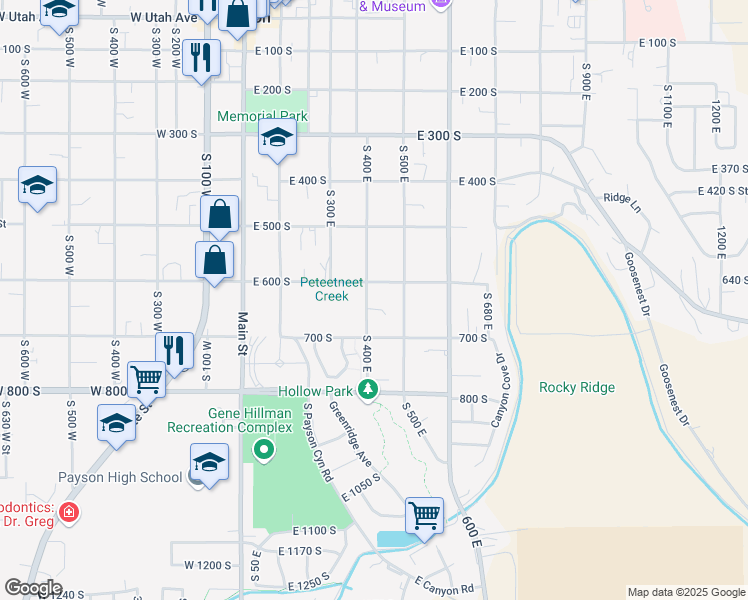 map of restaurants, bars, coffee shops, grocery stores, and more near 633 South 400 East in Payson