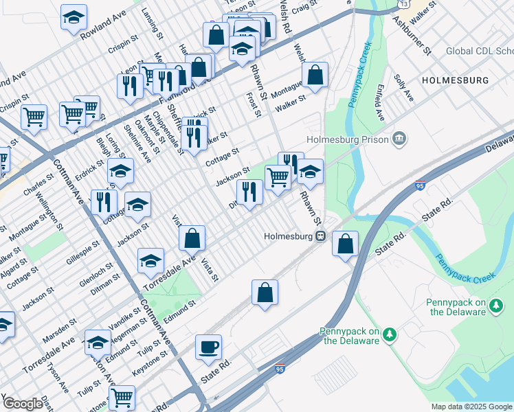 map of restaurants, bars, coffee shops, grocery stores, and more near 4626 Hartel Avenue in Philadelphia