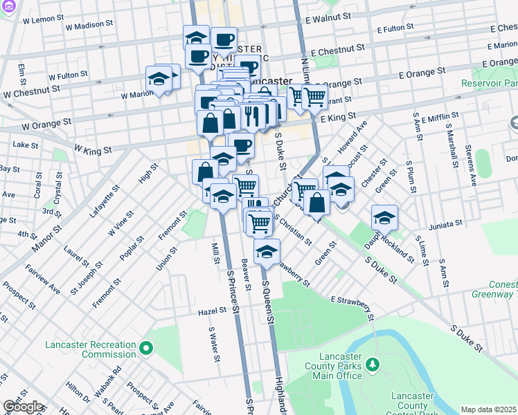 map of restaurants, bars, coffee shops, grocery stores, and more near 215 South Queen Street in Lancaster
