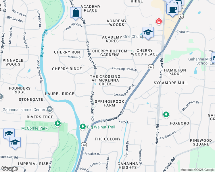 map of restaurants, bars, coffee shops, grocery stores, and more near 682 Crossing Creek South in Columbus