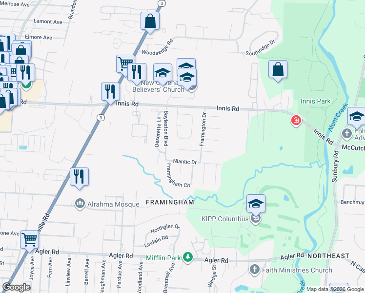 map of restaurants, bars, coffee shops, grocery stores, and more near 3245 Abingdon Drive in Columbus