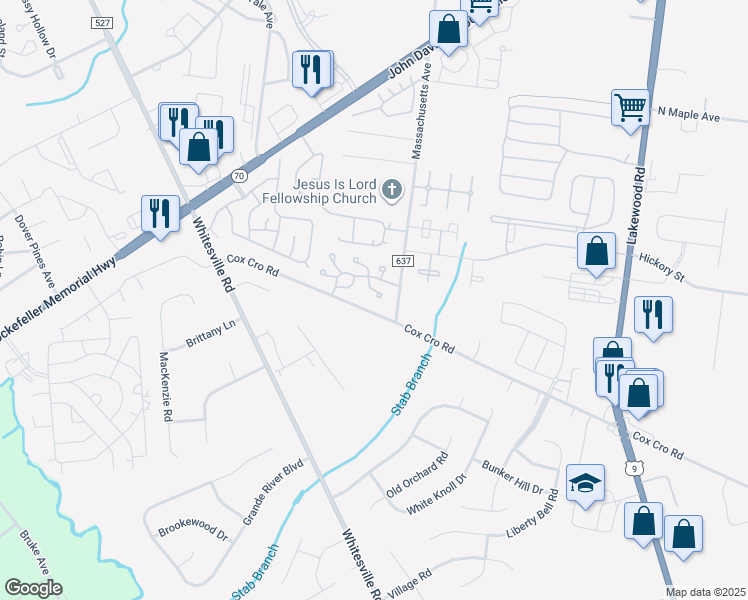 map of restaurants, bars, coffee shops, grocery stores, and more near 1105 Fellowship Court in Toms River