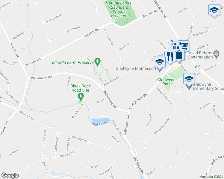 map of restaurants, bars, coffee shops, grocery stores, and more near 807 Black Rock Road in Gladwyne