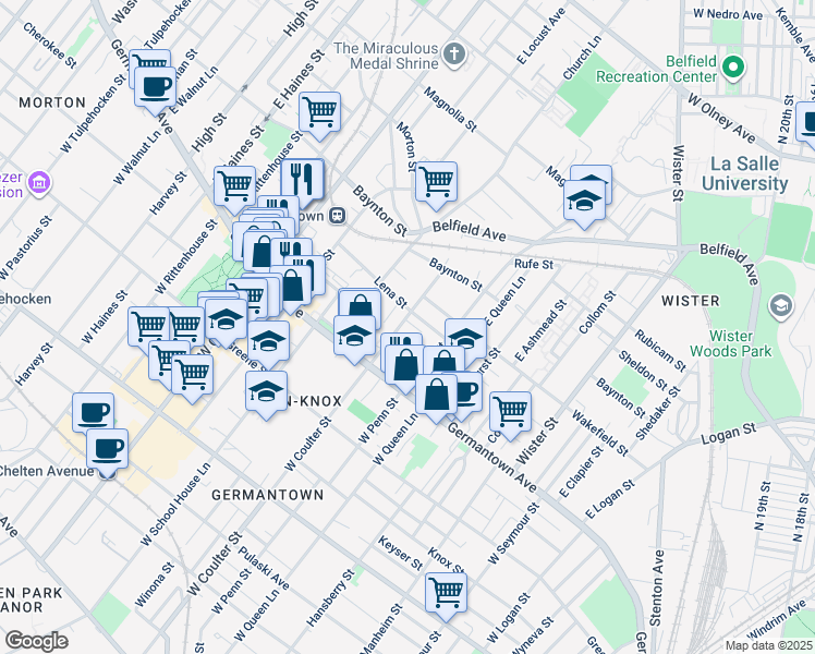 map of restaurants, bars, coffee shops, grocery stores, and more near 66 East Coulter Street in Philadelphia