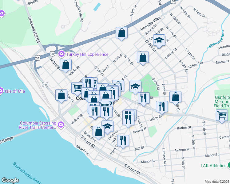 map of restaurants, bars, coffee shops, grocery stores, and more near 512 Walnut Street in Columbia