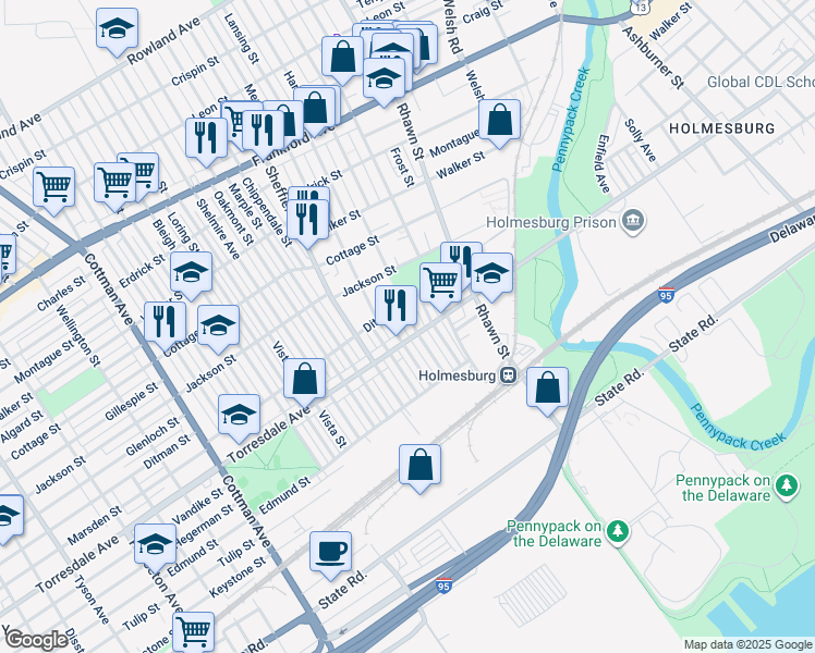 map of restaurants, bars, coffee shops, grocery stores, and more near 4626 Hartel Avenue in Philadelphia