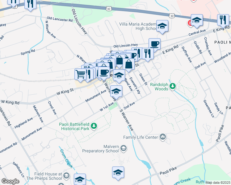 map of restaurants, bars, coffee shops, grocery stores, and more near 148 Channing Avenue in Malvern