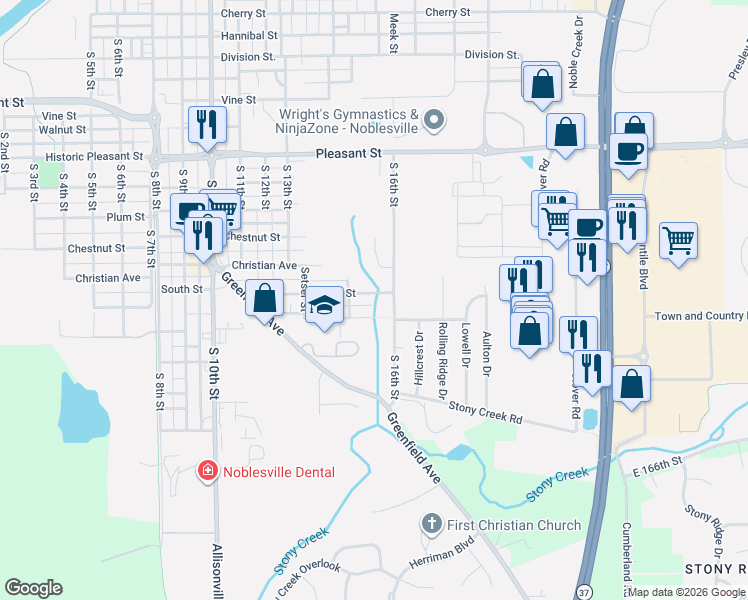 map of restaurants, bars, coffee shops, grocery stores, and more near 1530 South Street in Noblesville