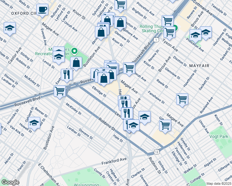map of restaurants, bars, coffee shops, grocery stores, and more near 2714 Hellerman Street in Philadelphia