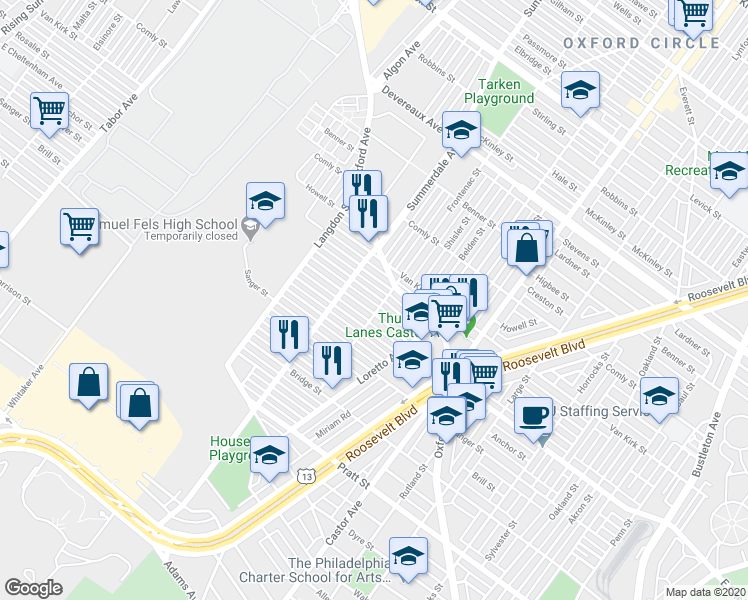 map of restaurants, bars, coffee shops, grocery stores, and more near 1142 Rosalie Street in Philadelphia