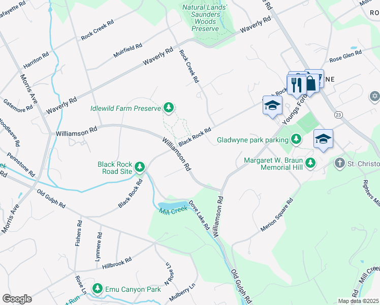 map of restaurants, bars, coffee shops, grocery stores, and more near 807 Black Rock Road in Gladwyne