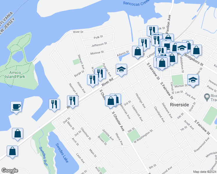 map of restaurants, bars, coffee shops, grocery stores, and more near 600 New Jersey Avenue in Riverside
