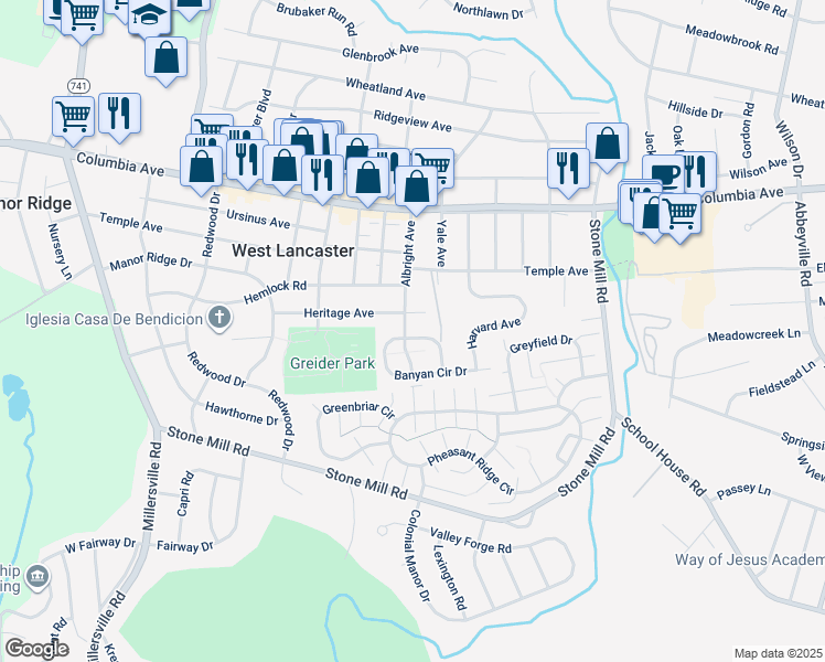map of restaurants, bars, coffee shops, grocery stores, and more near 213 Albright Avenue in Lancaster