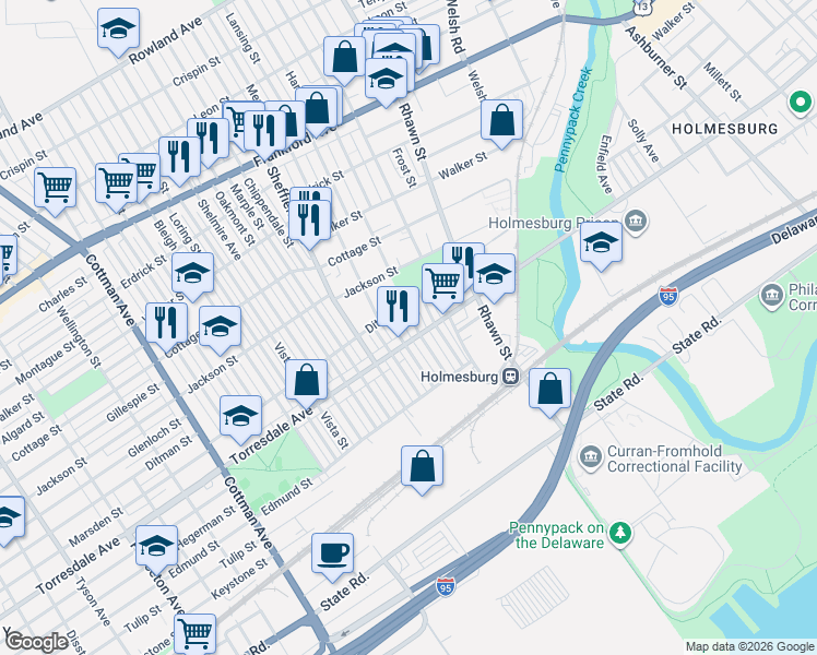 map of restaurants, bars, coffee shops, grocery stores, and more near 7768 Ditman Street in Philadelphia