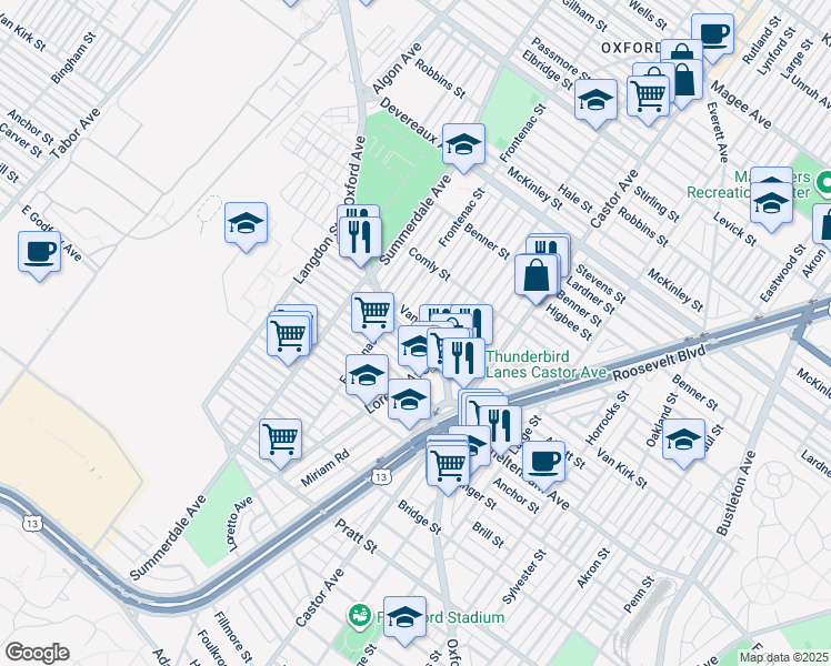 map of restaurants, bars, coffee shops, grocery stores, and more near 5839 Oxford Avenue in Philadelphia