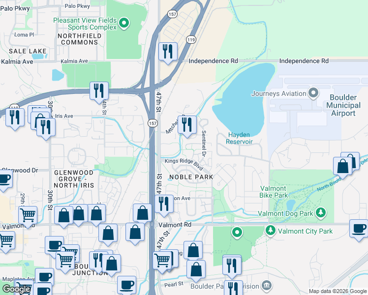 map of restaurants, bars, coffee shops, grocery stores, and more near 4806 Macintosh Place in Boulder