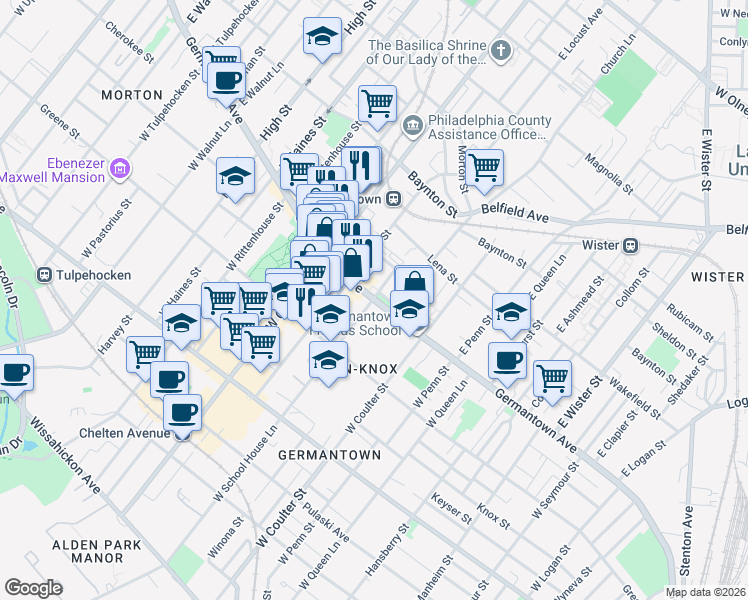 map of restaurants, bars, coffee shops, grocery stores, and more near Germantown Ave & E School House Ln in Philadelphia