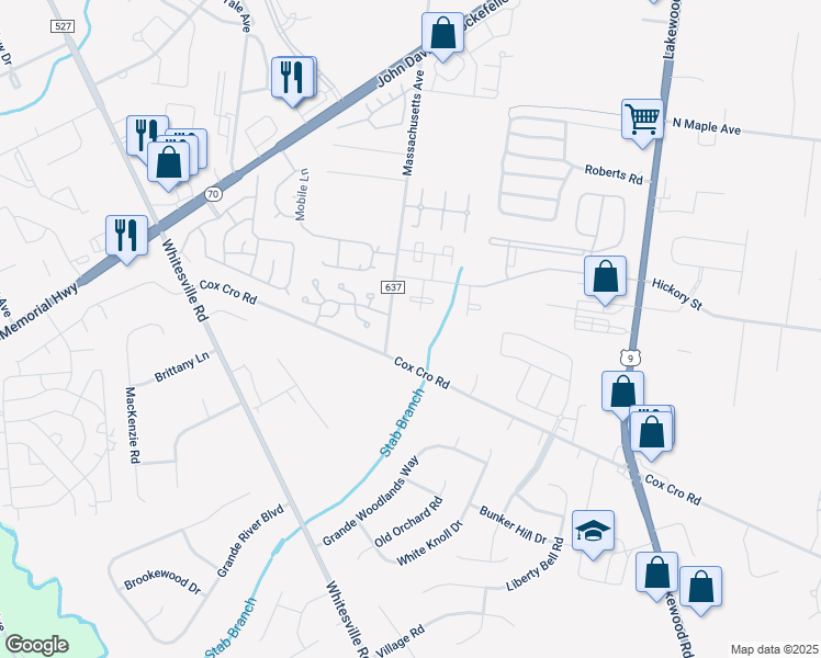 map of restaurants, bars, coffee shops, grocery stores, and more near 2121 Massachusetts Avenue in Toms River