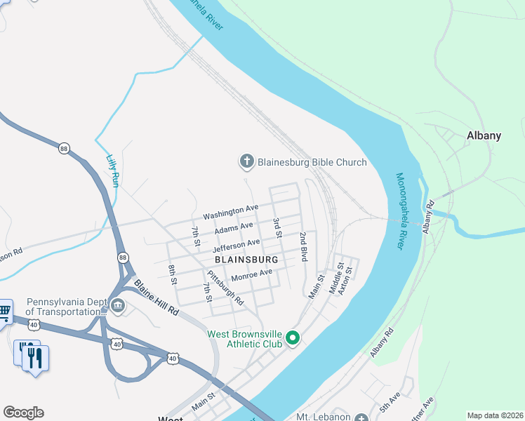 map of restaurants, bars, coffee shops, grocery stores, and more near 316 Washington Avenue in Brownsville