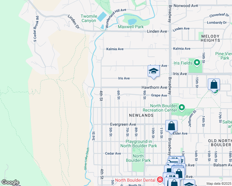 map of restaurants, bars, coffee shops, grocery stores, and more near 570 Hawthorn Avenue in Boulder