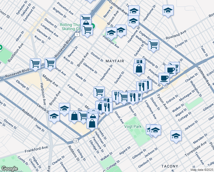 map of restaurants, bars, coffee shops, grocery stores, and more near 3139 Knorr Street in Philadelphia