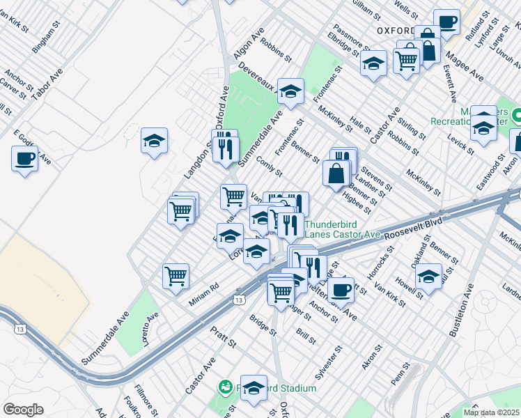 map of restaurants, bars, coffee shops, grocery stores, and more near 5839 Oxford Avenue in Philadelphia