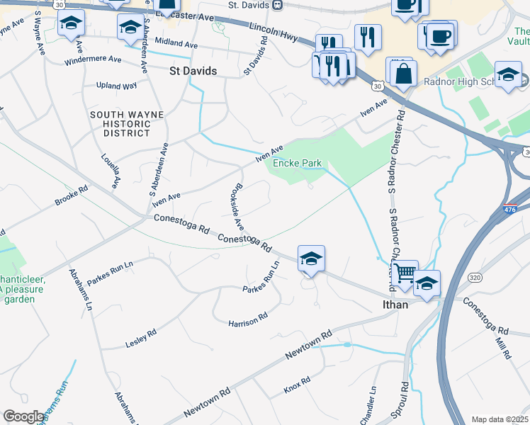 map of restaurants, bars, coffee shops, grocery stores, and more near 337 Oak Lane in Wayne