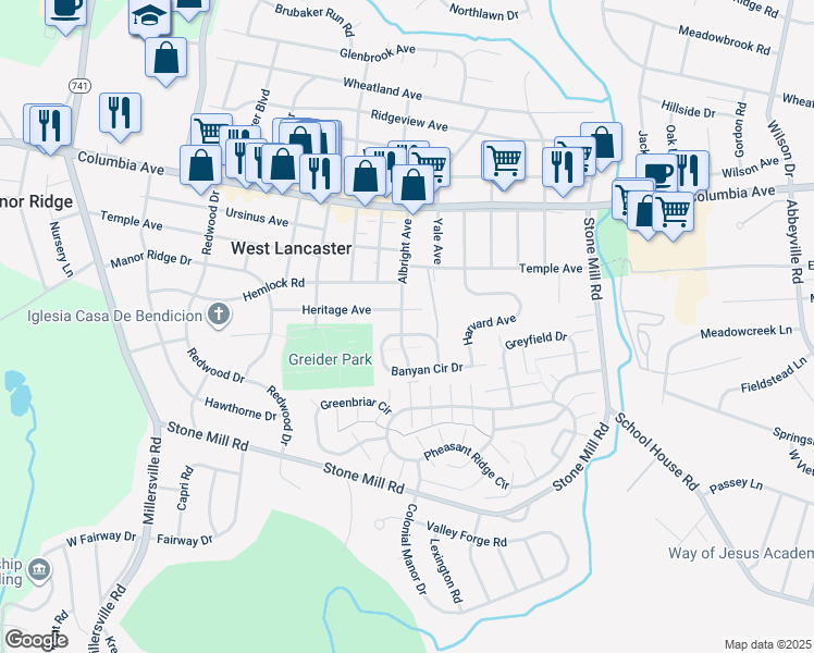 map of restaurants, bars, coffee shops, grocery stores, and more near 213 Albright Avenue in Lancaster