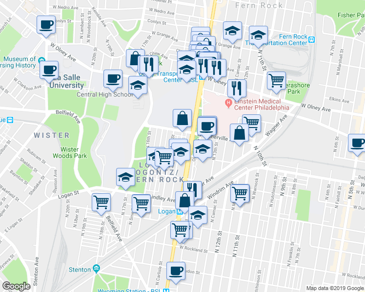 map of restaurants, bars, coffee shops, grocery stores, and more near 5319 North Carlisle Street in Philadelphia