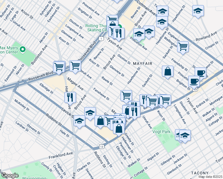 map of restaurants, bars, coffee shops, grocery stores, and more near 3009 Rawle Street in Philadelphia