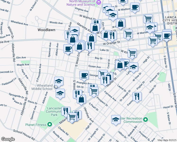 map of restaurants, bars, coffee shops, grocery stores, and more near 26 Ocean Avenue in Lancaster