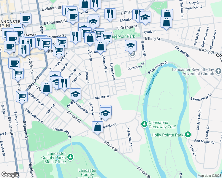 map of restaurants, bars, coffee shops, grocery stores, and more near 308 Stevens Avenue in Lancaster