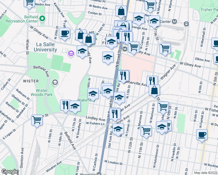 map of restaurants, bars, coffee shops, grocery stores, and more near 5319 North Carlisle Street in Philadelphia
